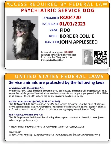 Vista 4 de Tarjeta de identificación de perro de servicio psiquiátrico personalizada + registro para animales de servicio incluido NFC y código QR ADA Ready
