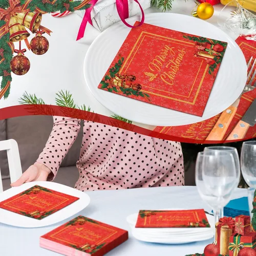 Vista 7 de 200 servilletas de papel de cóctel de Navidad, color rojo y dorado, desechables, servilletas de papel para bebidas navideñas para fiestas de postres