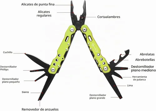 Vista 2 de Multiherramienta 14 en 1 - Cuchillo, alicates, destornilladores, sierra, abridor de botellas - Perfecto para acampada, supervivencia, senderismo