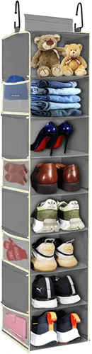 Vista 8 de Organizador de zapatos colgante de gran tamaño con 8 estantes, organizador colgante de armario con 8 bolsillos laterales, estantes colgantes más