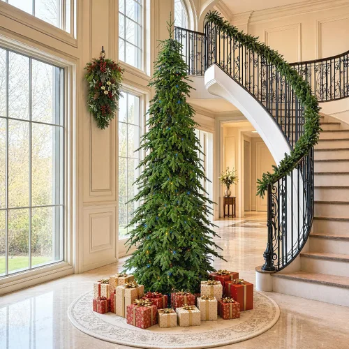 Vista 13 de Glitzhome Árbol de Navidad Artificial de 7.5 pies, Árbol de Navidad Tipo Lápiz Preiluminado con Efecto Nevado Chicago Frostwood Spruce con 350 Luces