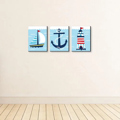 Vista 3 de Big Dot of Happiness Faro, velero y ancla - Arte de pared para guardería infantil y decoración náutica para habitación de niños, 7.5 x 10 pulgadas