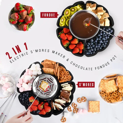 Vista 4 de Máquina eléctrica S'mores 2 en 1 y olla para fondue, kit de mesa para interiores con 4 tenedores para asar, 4 bandejas desmontables y 1 calentador