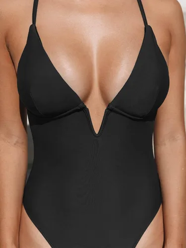 Vista 4 de CUPSHE Traje de baño de una pieza para mujer, cuello en V profundo, correa ajustable en la espalda entrecruzada