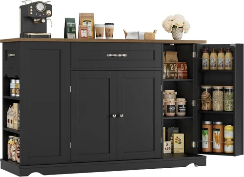 Vista 11 de HOSTACK - Carrito de isla de cocina con almacenamiento, mesa de isla rodante, gris ceniza