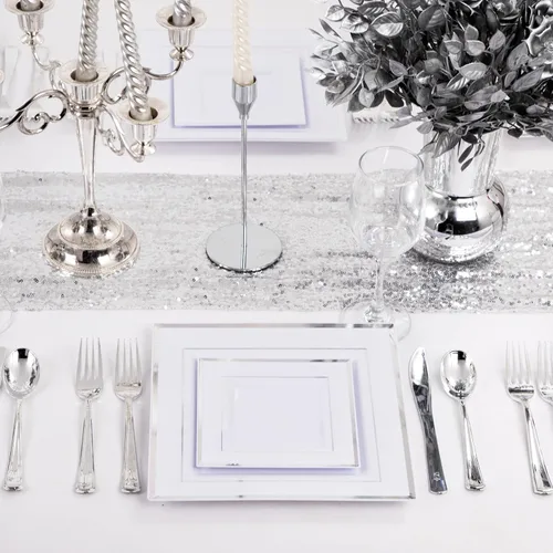 Vista 5 de Liacere 100 platos cuadrados de plástico blanco y plateado, 50 platos de cena blancos resistentes de 9.5 pulgadas y 50 platos de postre de 6 Blanco
