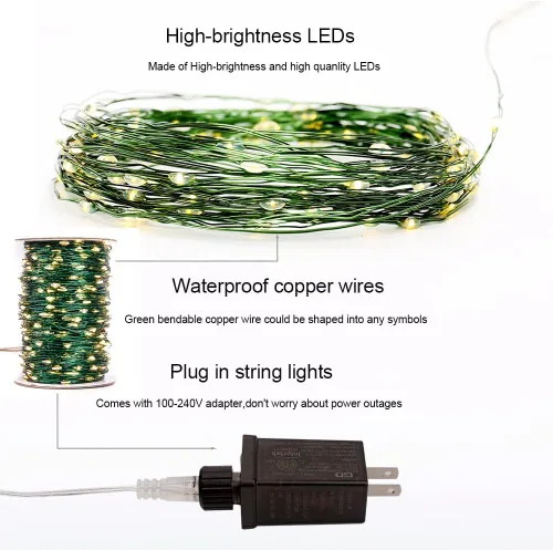 Vista 2 de Cadena de luces de hadas enchufables de 66 pies, luces LED de alambre verde blanco cálido de 200 LED con control remoto, 8 modos para sala de estar