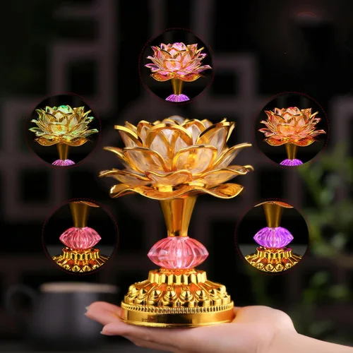 Vista 6 de Paquete de 2 lámparas budistas LED de loto coloridas, 13 canciones budistas construidas, luz de Buda degradada para adoración, oración y exhibición