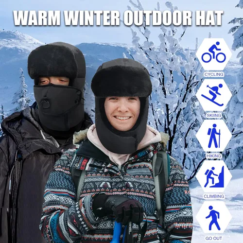 Vista 2 de Sombrero de trampero de invierno para hombres y mujeres, sombrero de piel rusa de caza de soldados con solapa para las orejas y máscara, sombrero