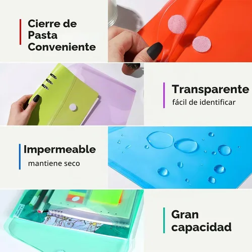 Vista 4 de LEOBRO Carpetas de archivos de plástico para documentos, 6 sobres de plástico, carpetas de archivos transparentes reutilizables, bolsas de archivos
