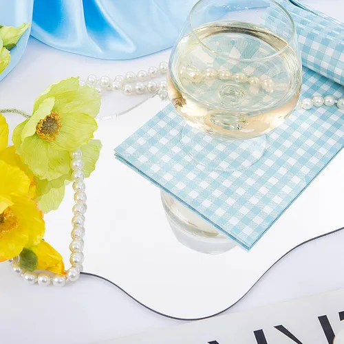 Vista 4 de WDF Paquete de 150 servilletas de papel azul bebé, 3 capas, desechables, color azul y blanco, servilletas de cena de invitados de papel para baño