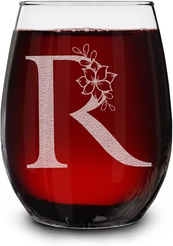 Vista 21 de Copa de vino sin tallo, con monograma floral, grabada con láser, 15 onzas, regalo inicial personalizado para ella (B)