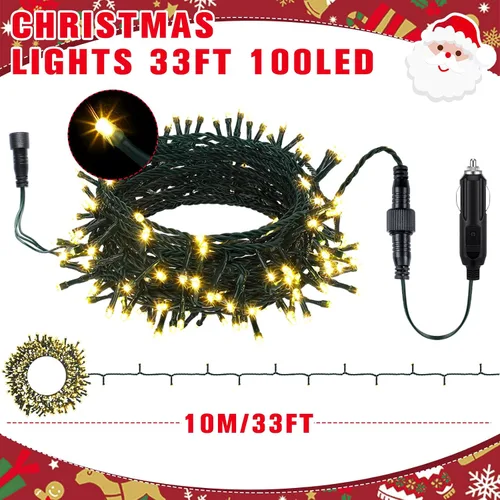 Vista 3 de Aurelema Guirnalda de luces LED de Navidad de 12 V, 33 pies, 100 luces LED para coche, decoraciones para carrito de golf, cadena de luz amarilla