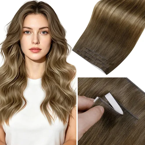 Vista 49 de LaaVoo - Extensiones de cabello humano con cinta adhesiva, color marrón a rubio ceniza, extensiones de cabello humano real, cintas en extensiones
