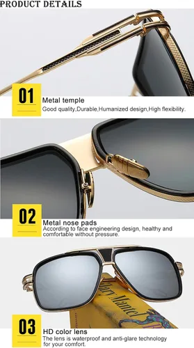 Vista 5 de Dollger Gafas de sol para hombre, de gran tamaño, clásicas, negras, gafas de sol retro con marco de aleación dorada