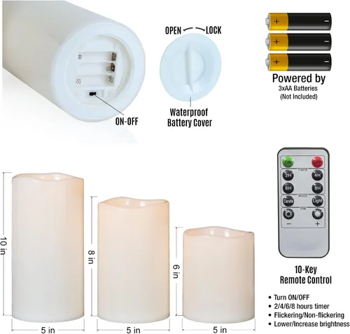 Vista 4 de Velas LED sin llama impermeables para exteriores de 6", 8", 10" x 5", que funcionan con baterías, velas tipo pilar parpadeantes LED con control