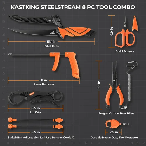 Vista 7 de KastKing SteelStream - Kit de herramientas de pesca de 8 piezas, alicates de pesca con cordón, cuchillo de filetear, pinza flotante para peces