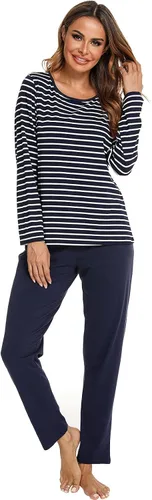 Vista 3 de Pijamas de algodón para mujer, ropa de dormir de manga larga con pantalones, suave y cómoda a rayas, conjunto de pijama para mujer
