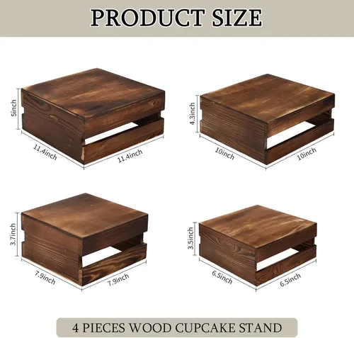 Vista 2 de Sieral 4 piezas de madera para cupcakes, soporte decorativo para postres, aperitivos, pasteles, caja de madera rústica, para almacenamiento