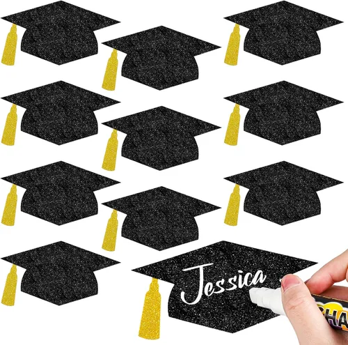 Vista 10 de Whaline 50 piezas de tapas de graduación con purpurina negra para sombreros de graduación de 5.7 pulgadas, decoración de mesa de confeti con 100