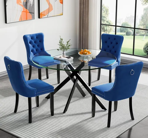 Vista 44 de Juego de mesa de comedor SSLine moderno de 3 piezas con mesa redonda de vidrio para 2, lujosa mesa de comedor circular de 36" con tapa de vidrio