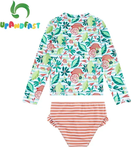 Vista 2 de upandfast Conjunto de traje de baño de dos piezas de manga larga con protección solar UPF 50+ para niñas de 3 a 8 años