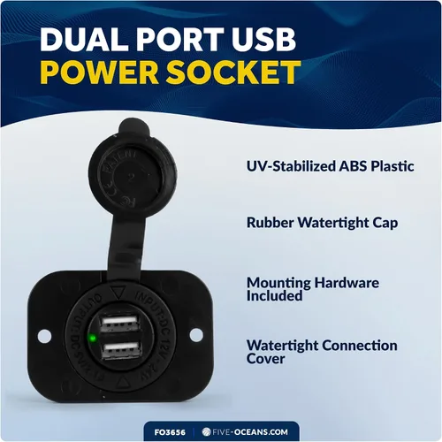 Vista 2 de Five Oceans Enchufe de alimentación USB de doble puerto impermeable marino, 12 voltios - 24 voltios, plástico ABS estabilizado UV, fácil