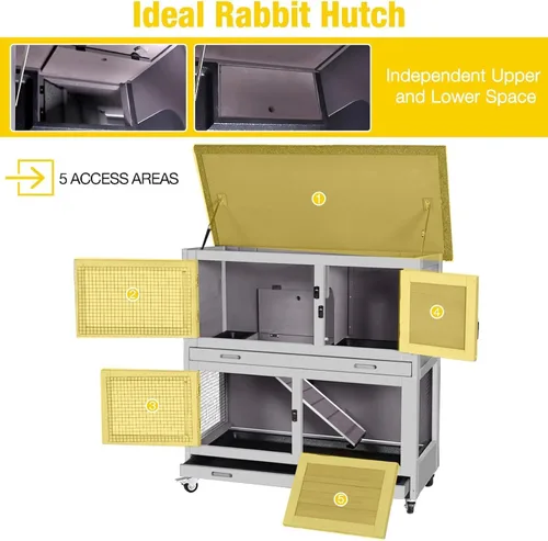 Vista 5 de Aivituvin Rabbit Hutch - Jaula de conejito para interiores y exteriores, 2 pisos, casa de mascotas, jaula de conejillo de indias con ruedas, 36