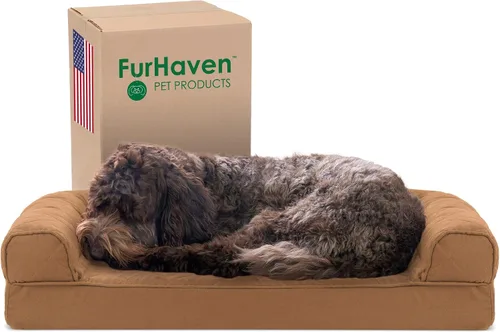 Vista 10 de Furhaven Sofá cama ortopédico para perro, sofá de espuma viscoelástica con refuerzos, felpa texturizada y funda resistente al agua, funda lavable
