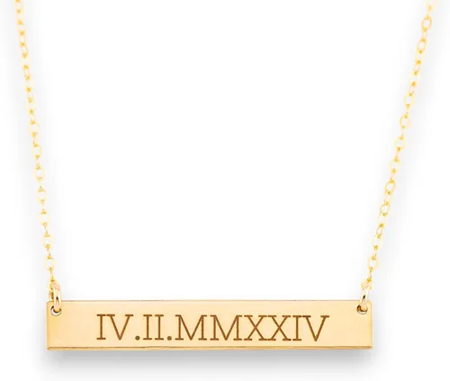 Vista 11 de HotMixCold Collar de barra larga grabado de doble cara, collar de barra de número romano dorado, fecha de boda, coordenadas de plata