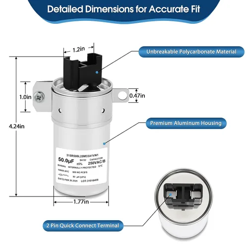 Vista 2 de W11395618 Condensador de funcionamiento del motor 50uF 250VAC 50/60Hz 10000AFC - Condensador de repuesto para lavadora para 4931353, PS12731163