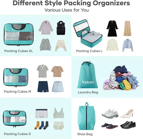Vista 3 de 6 Set Packing Cubes for Suitcases, Travel Organizer Bags for Carry on Luggage, Veken Suitcase Organizer Bags Set for Travel Essentials Travel