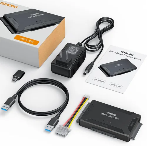 Vista 7 de FEMORO Lector de disco duro IDE SATA a USB 3.0 + adaptador USB C, kit de convertidor de recuperación de datos 3 en 1 con fuente de alimentación