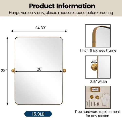 Vista 3 de Espejo giratorio Moon Mirror de oro cepillado, espejo inclinable de latón para tocador rectangular para baño, medidas totales 24.33 x 28 pulgadas