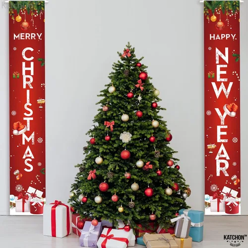 Vista 5 de KatchOn, Cartel de Feliz Navidad – 72 x 12 pulgadas, paquete de 2 Cartel de Feliz Año Nuevo para decoraciones de Año Nuevo 2025 Cartel de puerta