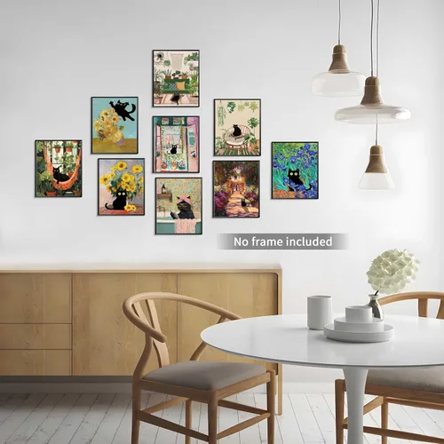 Vista 4 de Divertido póster de arte de pared de gato negro, juego de 9, impresiones en lienzo vintage de gato negro de Van Gogh, impresiones estéticas florales