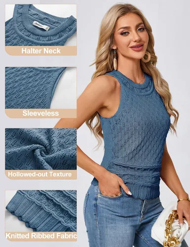 Vista 2 de JASAMBAC Suéter sin mangas para mujer, cuello redondo, ahuecado, elástico, recortado, suéter de punto