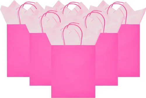 Vista 9 de DjinnGlory Paquete de 24 bolsas de regalo de papel rosa intenso de tamaño mediano con asas de 10 x 8 x 4 pulgadas y 24 papel de seda rosa para Rosa