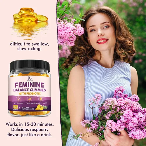 Vista 7 de Feminine Balance - Gomitas probióticas para mujeres, apoyan la salud vaginal, el equilibrio del pH, la frescura y la salud digestiva, con piña, olmo