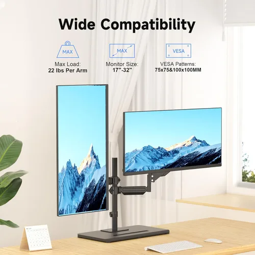Vista 2 de Suptek Soporte independiente para monitor dual de hasta 32 pulgadas, soporte de monitor más alto con capacidad de carga de 22 libras, brazo