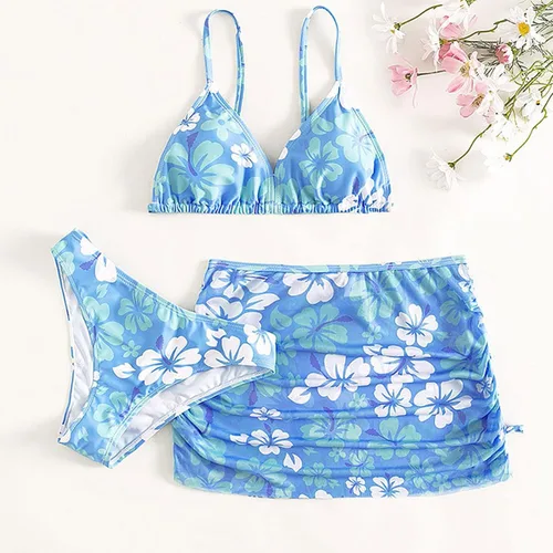 Vista 2 de Traje de baño de 3 piezas para niñas, lindo bikini con salida de baño con falda de playa