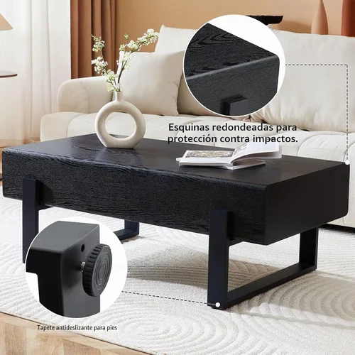 Vista 6 de Mesa de Centro Rectangular de 47.24", Mesa de Centro de Madera con Tablero de 7.8" de Grosor, Patas de Metal, Esquinas Redondeadas para Sala