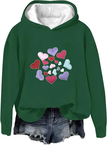 Vista 3 de Sudadera con capucha de corazón para mujer, para el día de San Valentín, divertida gráfica, manga larga, ligera, cálida para invierno