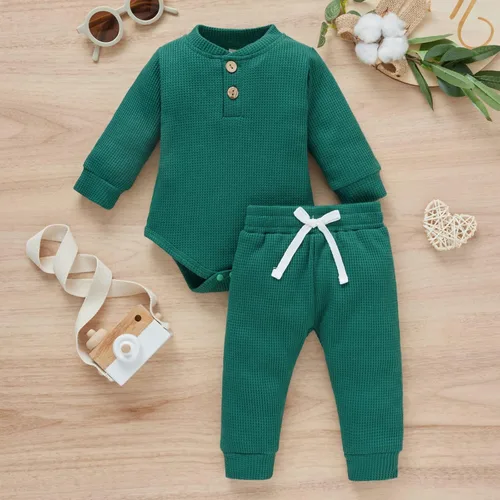 Vista 8 de Conjunto de 2 piezas acanaladas de 2 piezas para bebé recién nacido unisex para otoño e invierno