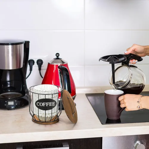 Vista 7 de yarlung Soporte para cápsulas de café con tapa, soporte para tazas K de gran capacidad con base de madera rústica, cesta de almacenamiento de café