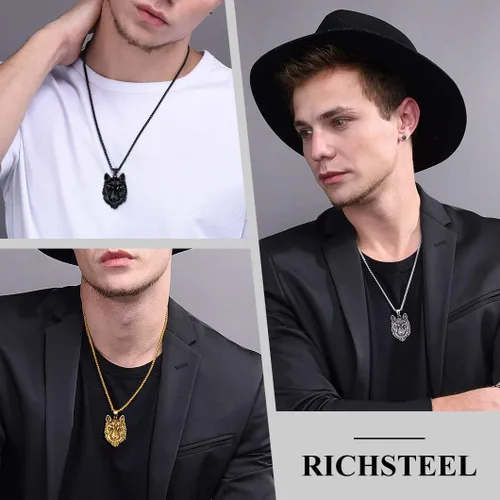 Vista 3 de Richsteel Necklaces for Men 316 Stainless Steel18K Gold PlatedBlack Wolf Pendant Viking Nordic Jewelry