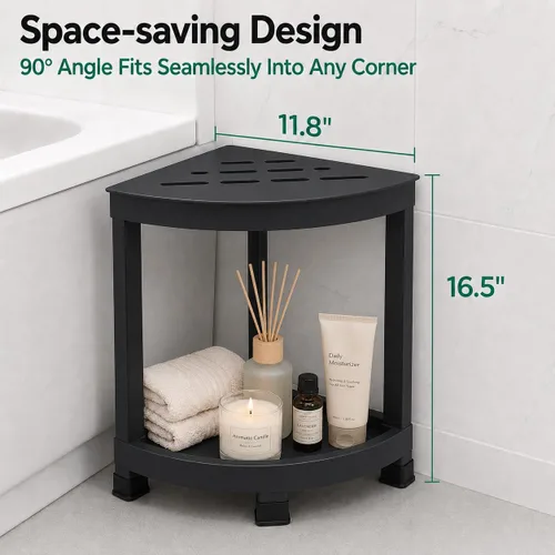 Vista 6 de CROWNFURN Reposapiés de ducha, taburete de ducha impermeable HIPS para ducha interior, banco de ducha de esquina para afeitarse piernas con estante