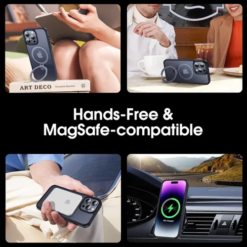 Vista 4 de CASEKOO- Funda para iPhone 15 Pro, c/soporte magnético invisible [protecc. militar contra caídas] [compatible c/MagSafe], a prueba de impactos, Negro