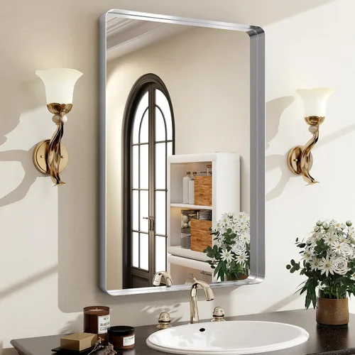Vista 12 de Espejo de baño negro de 30"x22" - Espejo moderno para pared con esquinas redondeadas, espejos de baño para tocador, espejo enmarcado de aleación