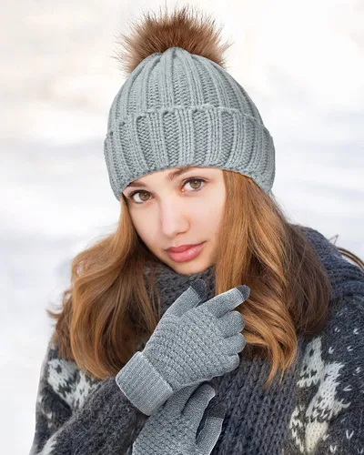 Vista 5 de Juego de 4 gorros de invierno para mujer, gorro de punto, guantes para pantalla táctil